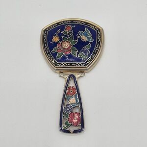 Vintage Cloisonne Compact Folding Hand Mirror Multi Color & Gold Floral Small